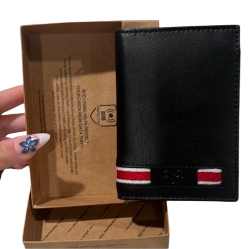 360. Jack Abrahams Black Genuine Leather Wallet with Red and White Accents.